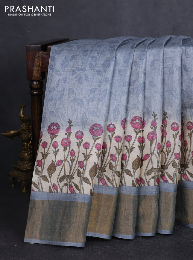 Pure tussar silk saree grey with allover prints and zari woven border
