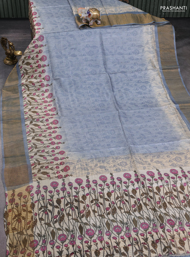 Pure tussar silk saree grey with allover prints and zari woven border