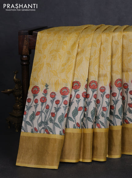 Pure tussar silk saree yellow with allover prints and zari woven border
