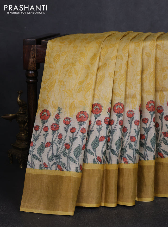 Pure tussar silk saree yellow with allover prints and zari woven border