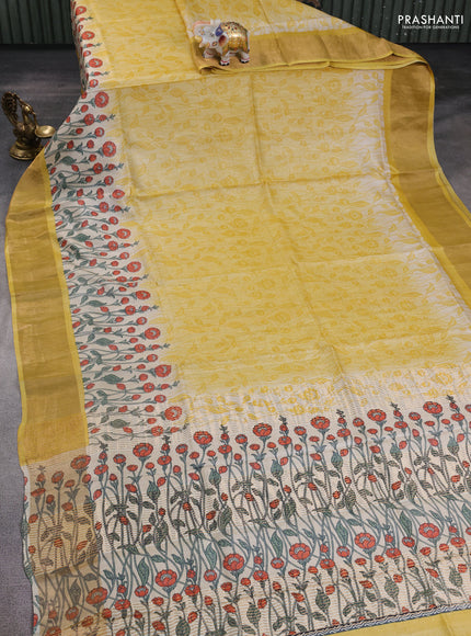 Pure tussar silk saree yellow with allover prints and zari woven border