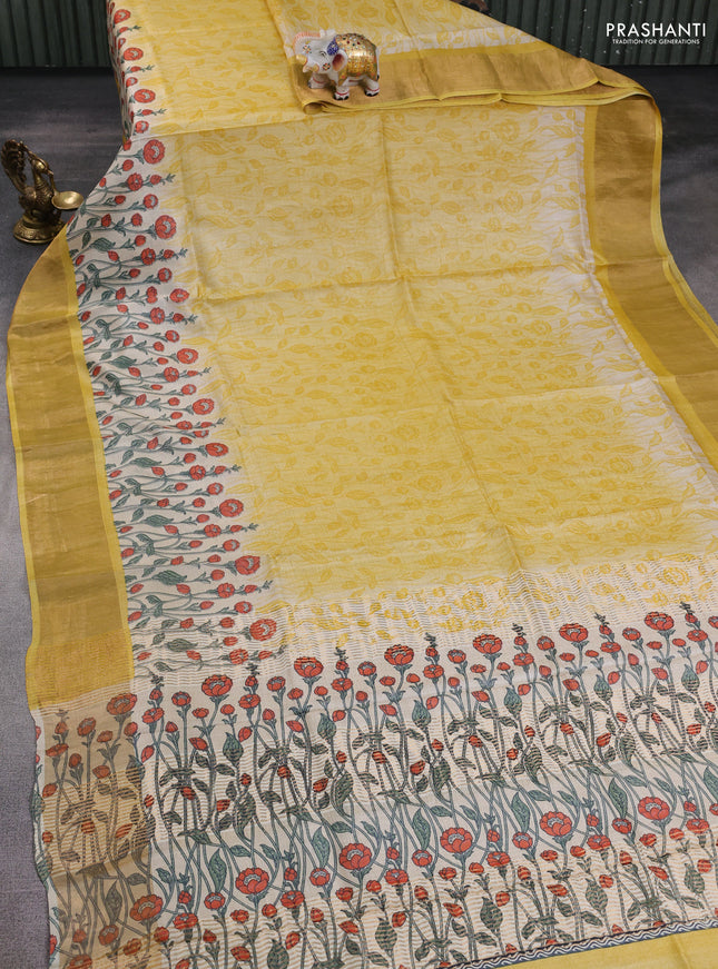 Pure tussar silk saree yellow with allover prints and zari woven border