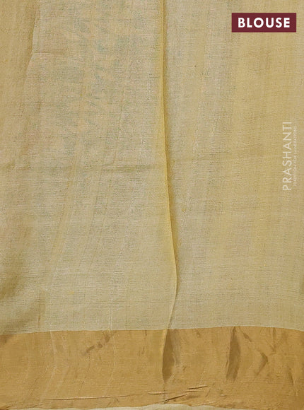 Pure tussar silk saree yellow with allover prints and zari woven border