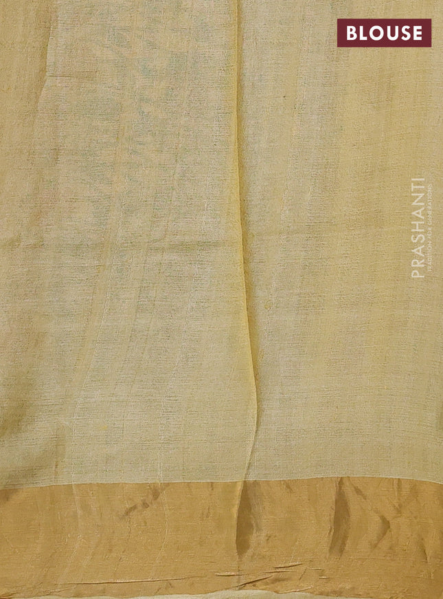 Pure tussar silk saree yellow with allover prints and zari woven border