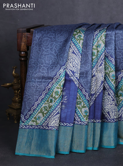 Pure tussar silk saree grey and teal green with allover prints and zari woven border