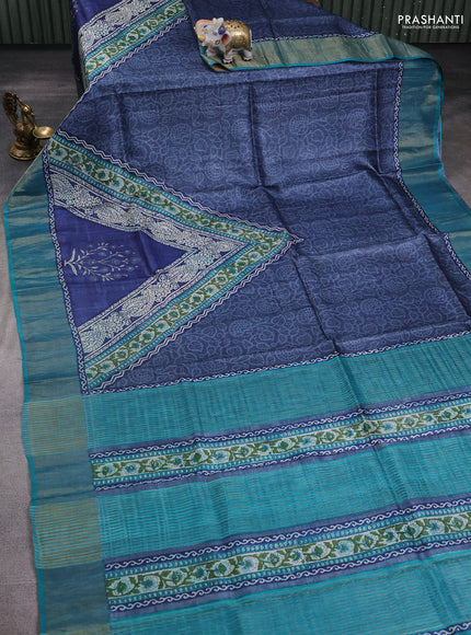 Pure tussar silk saree grey and teal green with allover prints and zari woven border