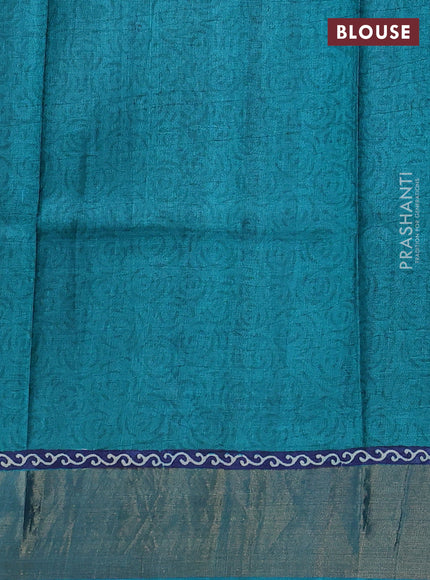 Pure tussar silk saree grey and teal green with allover prints and zari woven border