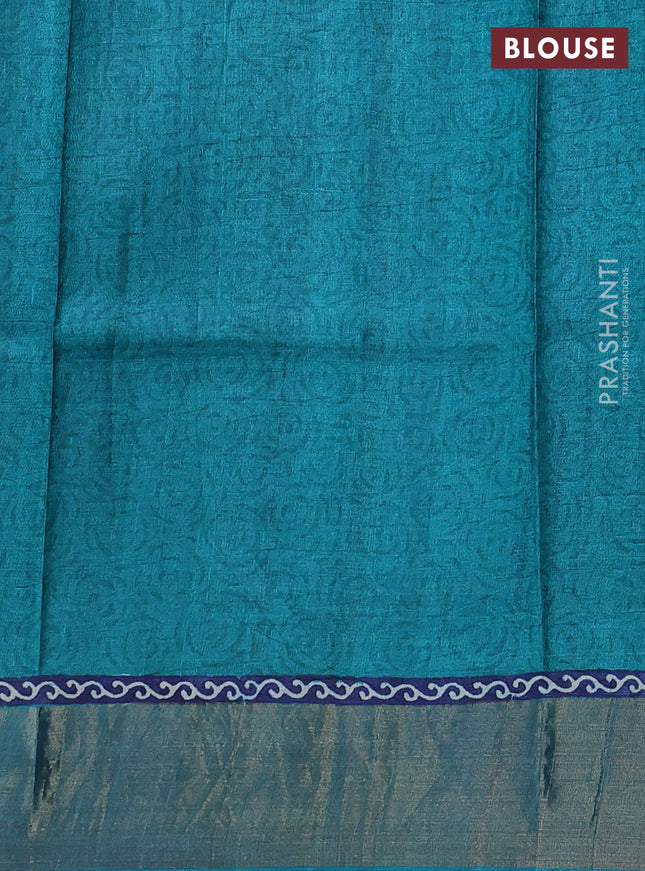 Pure tussar silk saree grey and teal green with allover prints and zari woven border