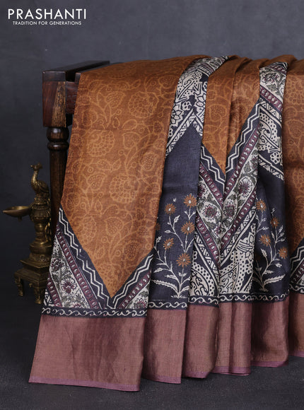 Pure tussar silk saree dark mustard and rosy brown with allover prints and zari woven border