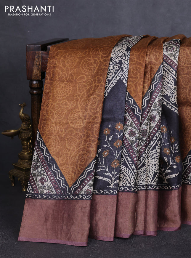 Pure tussar silk saree dark mustard and rosy brown with allover prints and zari woven border