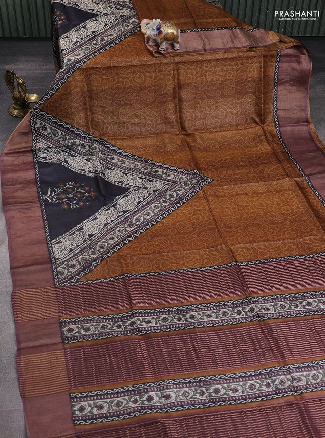 Pure tussar silk saree dark mustard and rosy brown with allover prints and zari woven border
