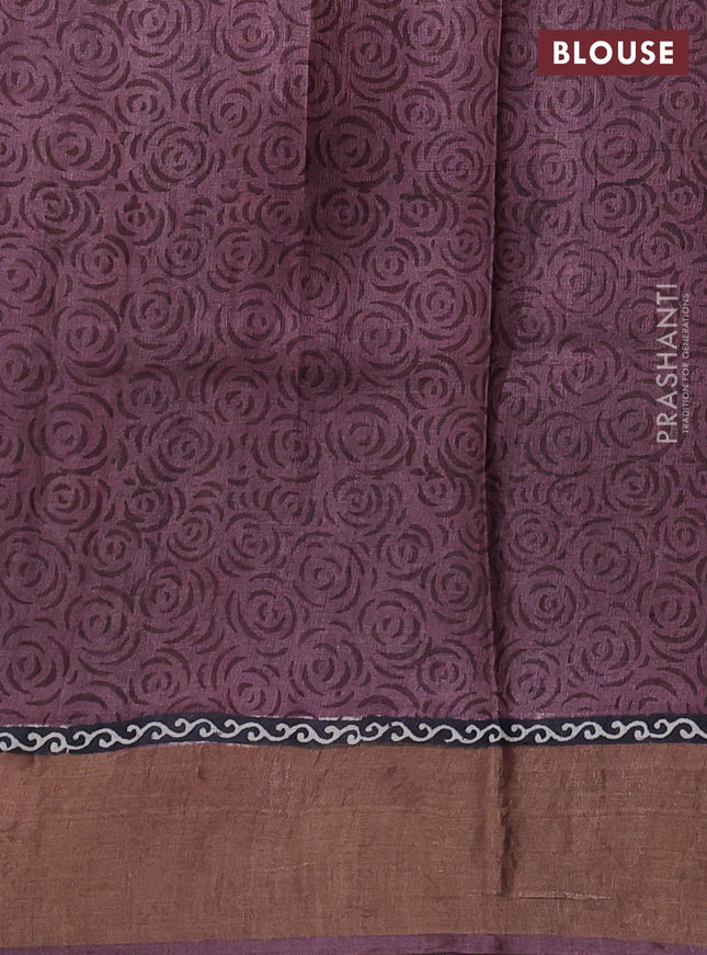 Pure tussar silk saree dark mustard and rosy brown with allover prints and zari woven border