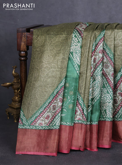 Pure tussar silk saree green shade and maroon with allover prints and zari woven border