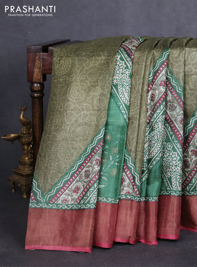 Pure tussar silk saree green shade and maroon with allover prints and zari woven border