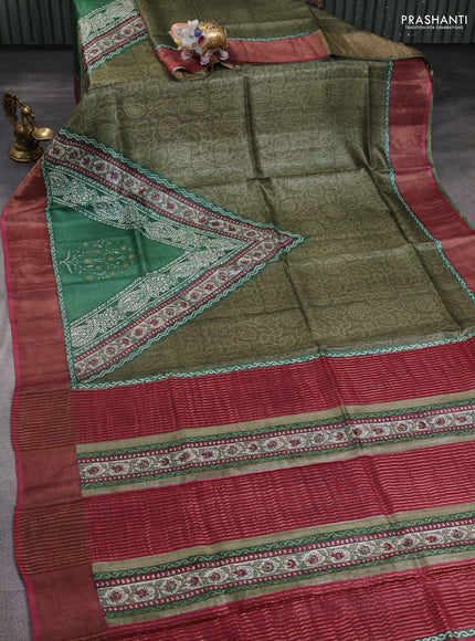 Pure tussar silk saree green shade and maroon with allover prints and zari woven border