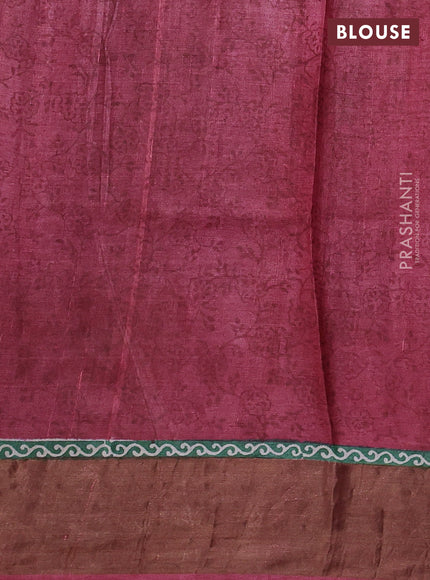 Pure tussar silk saree green shade and maroon with allover prints and zari woven border