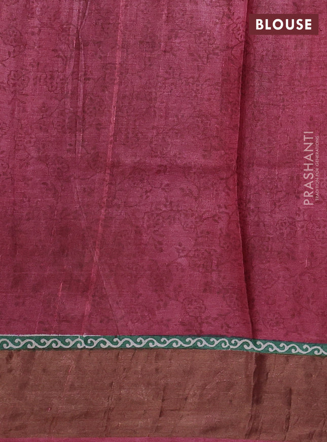 Pure tussar silk saree green shade and maroon with allover prints and zari woven border