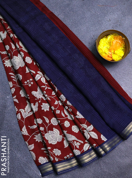 Muslin silk saree maroon and navy blue with allover floral prints and zari woven border