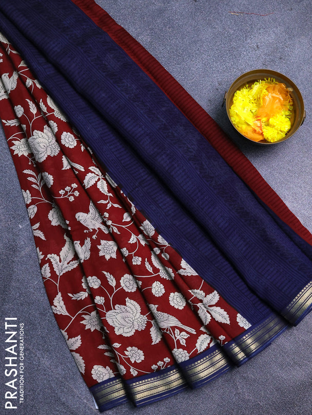 Muslin silk saree maroon and navy blue with allover floral prints and zari woven border