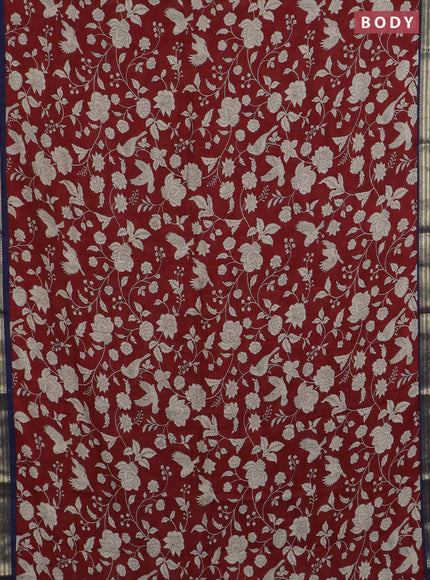 Muslin silk saree maroon and navy blue with allover floral prints and zari woven border