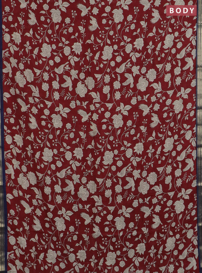 Muslin silk saree maroon and navy blue with allover floral prints and zari woven border