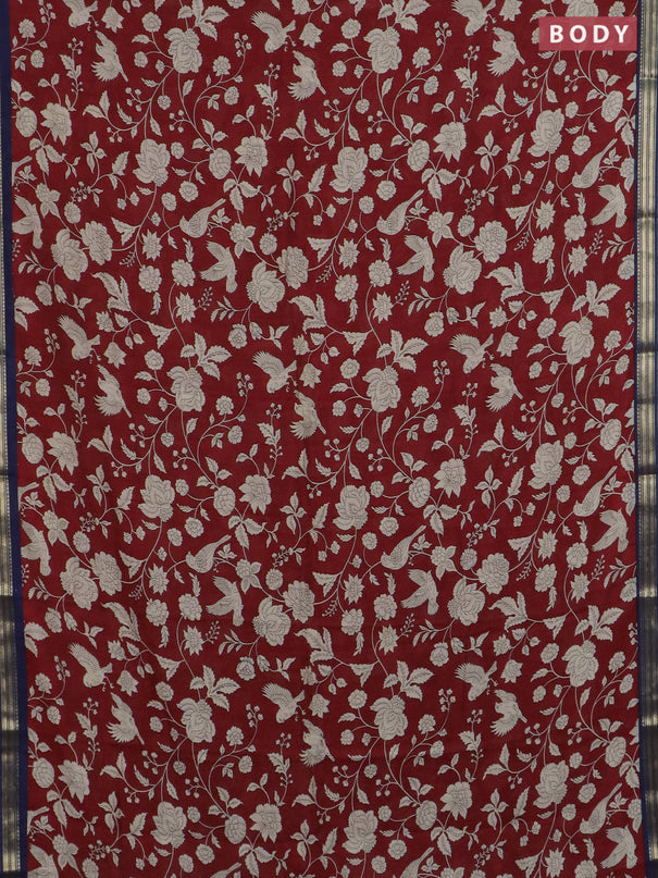 Muslin silk saree maroon and navy blue with allover floral prints and zari woven border