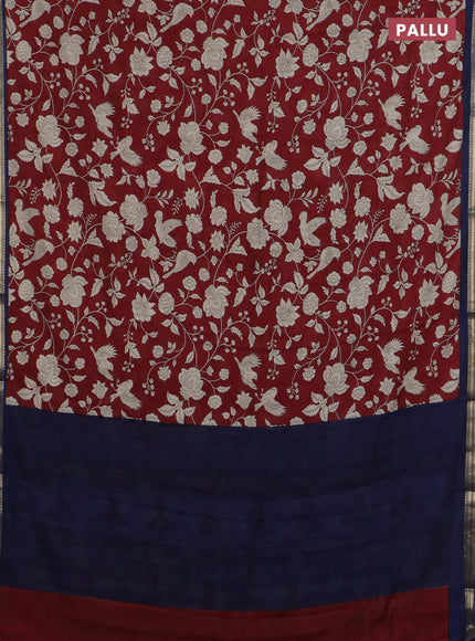 Muslin silk saree maroon and navy blue with allover floral prints and zari woven border