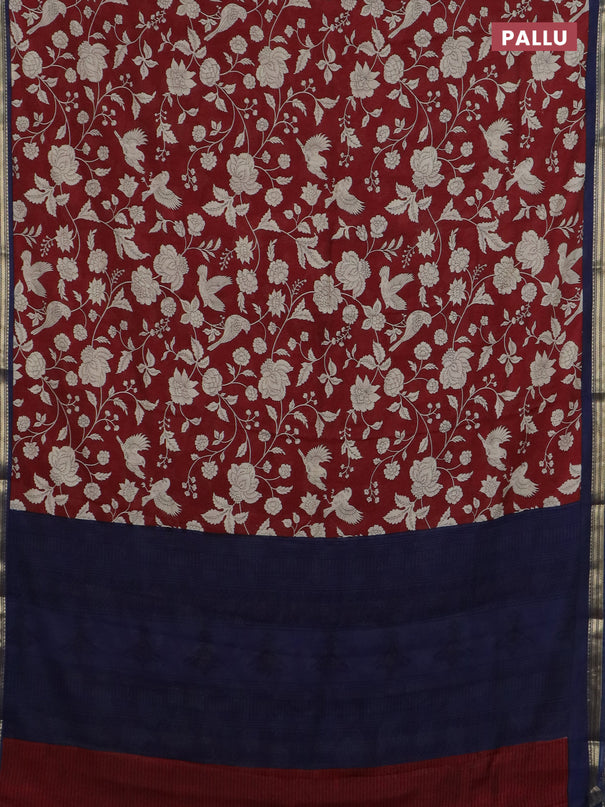 Muslin silk saree maroon and navy blue with allover floral prints and zari woven border