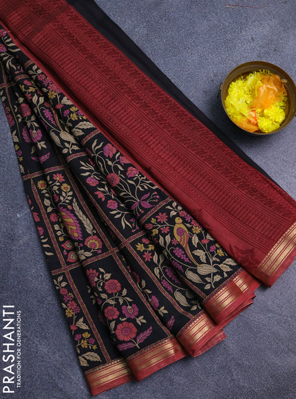 Muslin silk saree black and pastel maroon with allover prints and zari woven border