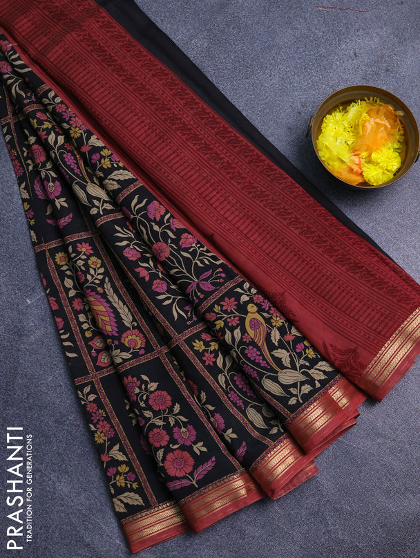 Muslin silk saree black and pastel maroon with allover prints and zari woven border