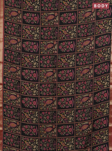 Muslin silk saree black and pastel maroon with allover prints and zari woven border