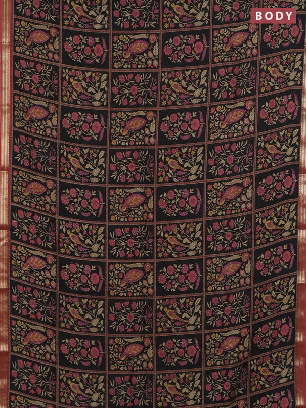 Muslin silk saree black and pastel maroon with allover prints and zari woven border
