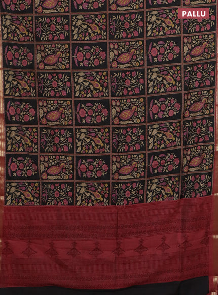 Muslin silk saree black and pastel maroon with allover prints and zari woven border