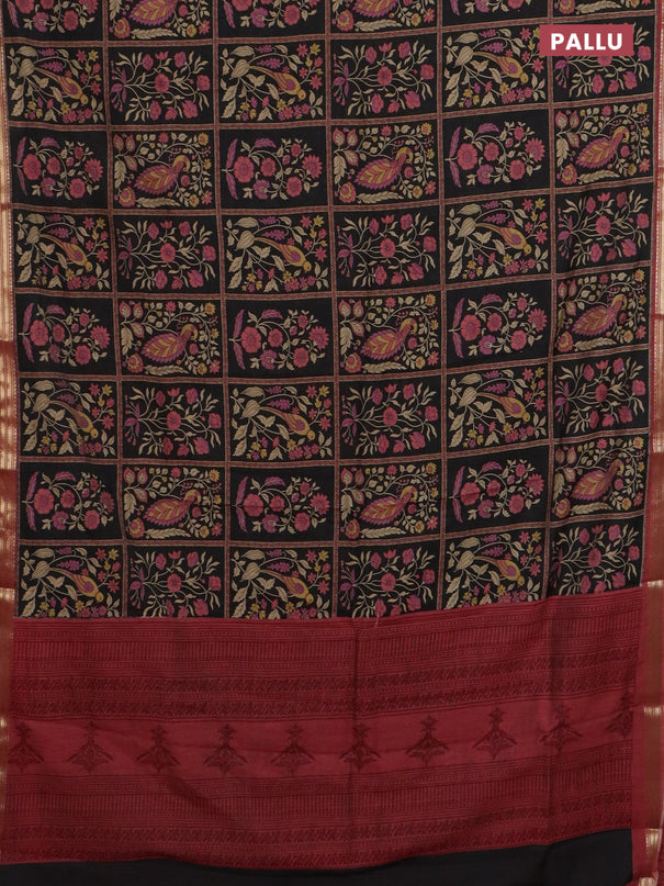 Muslin silk saree black and pastel maroon with allover prints and zari woven border