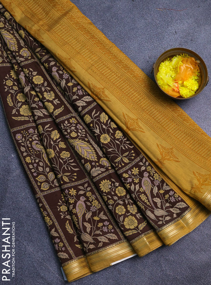 Muslin silk saree coffee brown and mustard yellow with allover prints and zari woven border