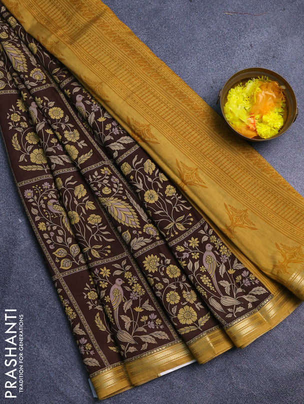Muslin silk saree coffee brown and mustard yellow with allover prints and zari woven border