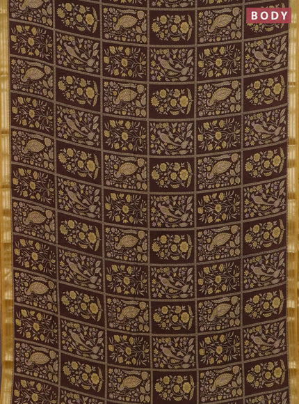 Muslin silk saree coffee brown and mustard yellow with allover prints and zari woven border
