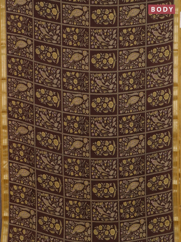 Muslin silk saree coffee brown and mustard yellow with allover prints and zari woven border
