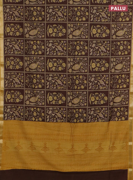 Muslin silk saree coffee brown and mustard yellow with allover prints and zari woven border