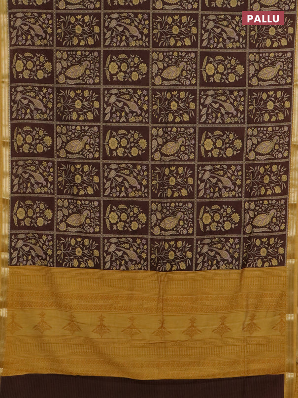 Muslin silk saree coffee brown and mustard yellow with allover prints and zari woven border