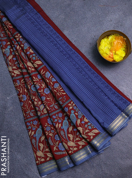 Muslin silk saree maroon and bluish grey with allover prints and zari woven border