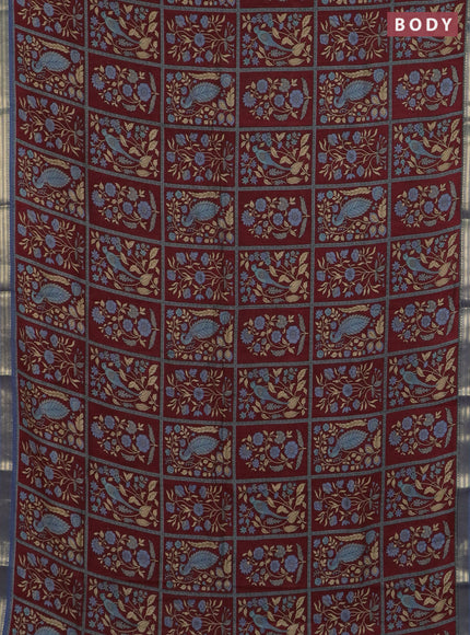 Muslin silk saree maroon and bluish grey with allover prints and zari woven border