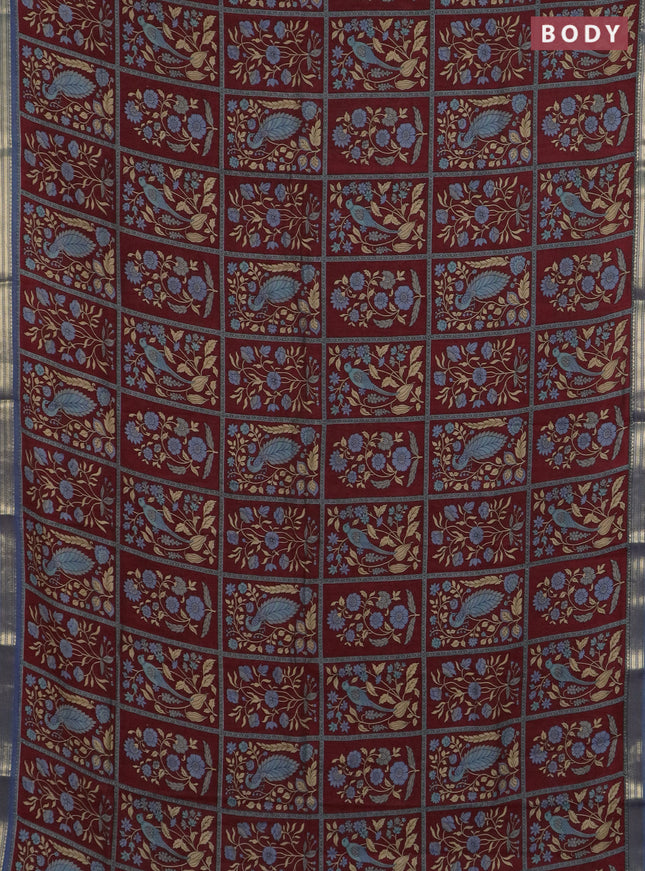 Muslin silk saree maroon and bluish grey with allover prints and zari woven border