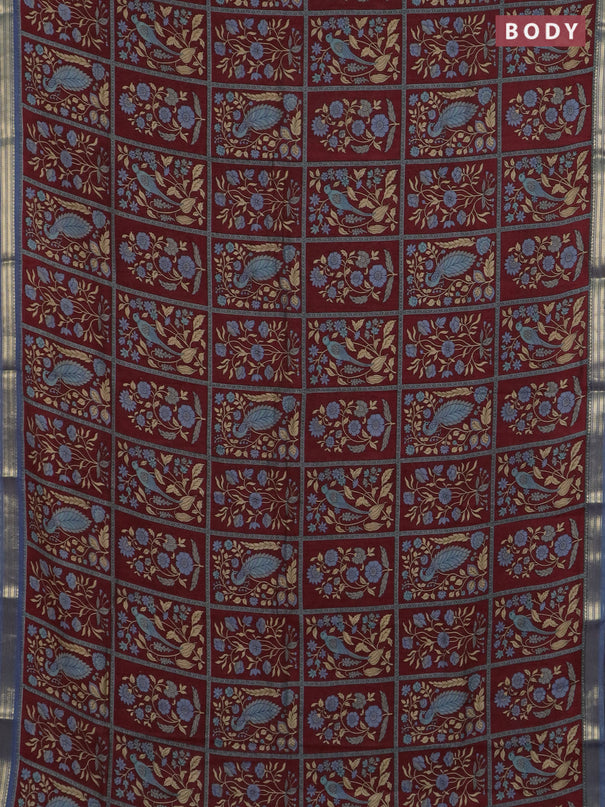 Muslin silk saree maroon and bluish grey with allover prints and zari woven border