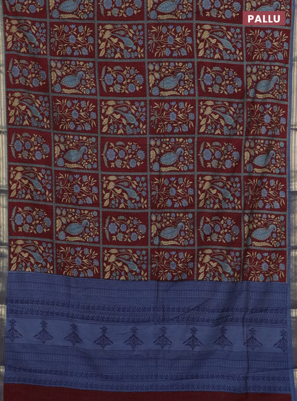 Muslin silk saree maroon and bluish grey with allover prints and zari woven border