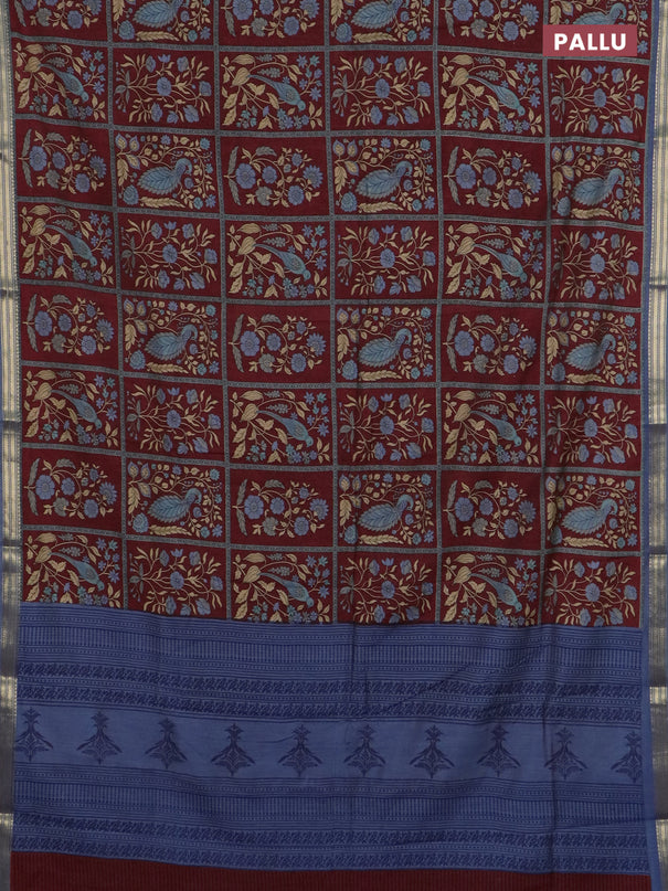 Muslin silk saree maroon and bluish grey with allover prints and zari woven border