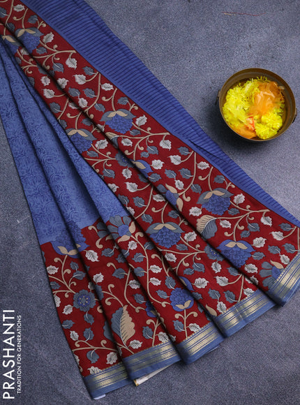 Muslin silk saree bluish grey and maroon with prints and long kalamkari printed zari border