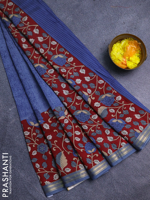 Muslin silk saree bluish grey and maroon with prints and long kalamkari printed zari border