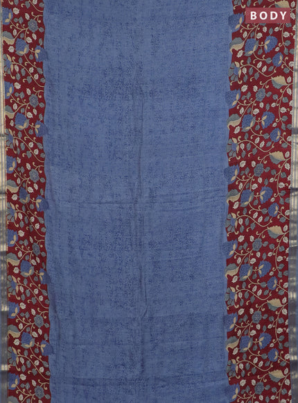 Muslin silk saree bluish grey and maroon with prints and long kalamkari printed zari border