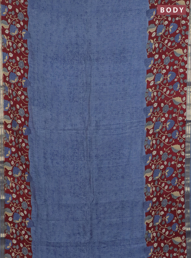 Muslin silk saree bluish grey and maroon with prints and long kalamkari printed zari border